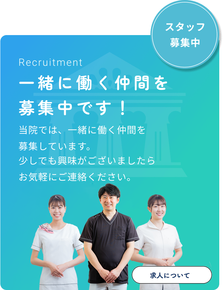 スタッフ募集中　一緒に働く仲間を募集中です！当院では、一緒に働く仲間を募集しています。少しでも興味がございましたらお気軽にご連絡ください。